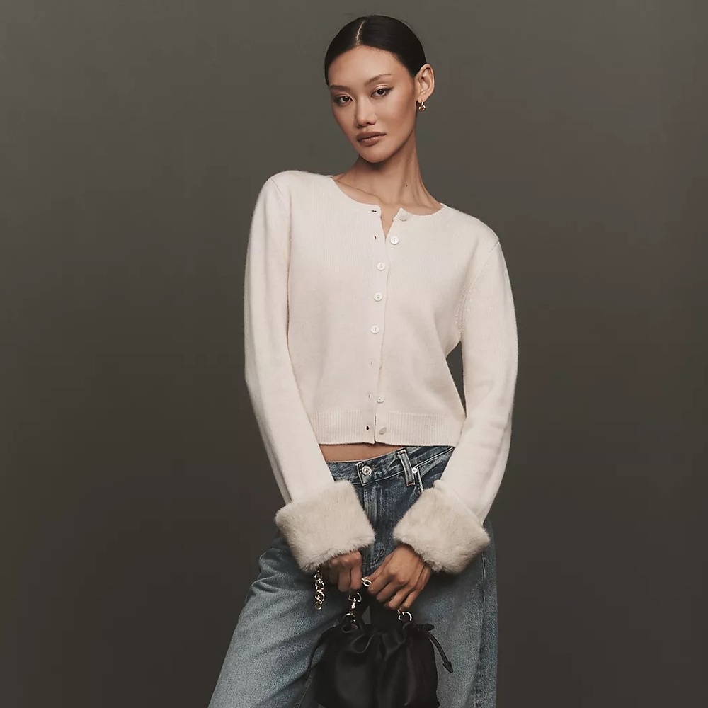 Reformation Clara Cashmere Cardigan in Cream Faux Fur Cuff